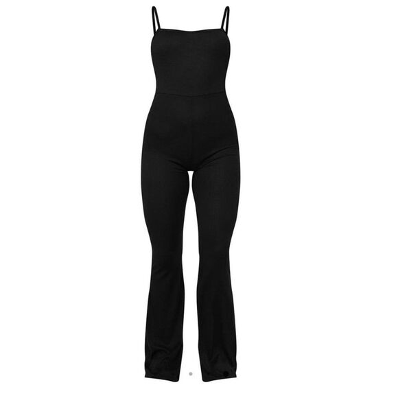 PLT NWT Black Ribbed Strappy Square Neck Flared Jumpsuit Fall Streetwear Chic - Picture 5 of 12